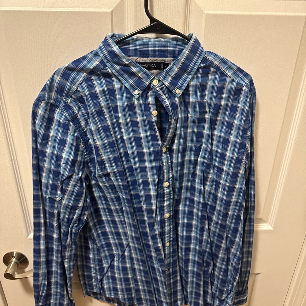 Nautica Blue and White Plaid Shirt
